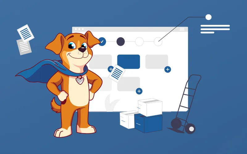 Valyxto's mascot, a caped dog, standing beside an order screen, boxes and a hand truck